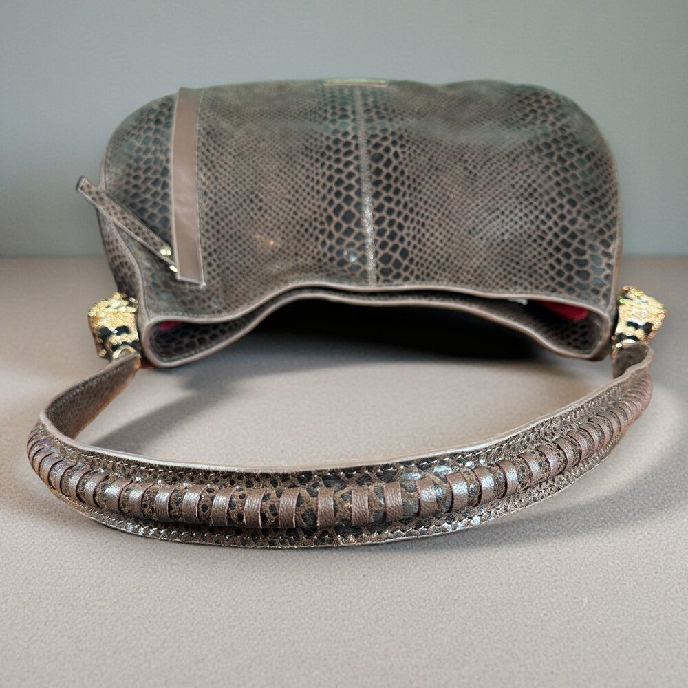 Sharif Suede and Leather Python Embossed Patchwork Gold Tiger Head Shoulder Bag - Picture 14 of 16